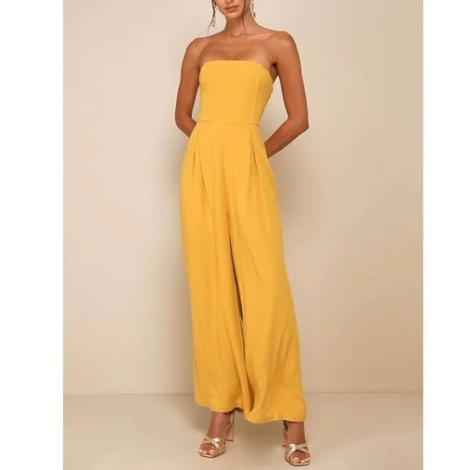 jumpsuit Lulus Pants & Jumpsuits | Lulus Breezy Essential Mustard Yellow Linen Wide-Leg Jumpsuit - Size S | Color: Yellow | Size: S | Pkumar227's Closet Poshmark $40