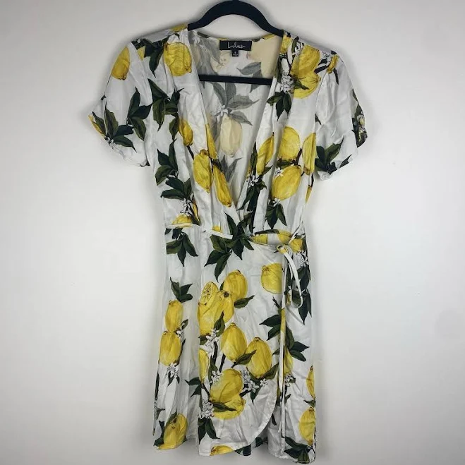 dress Lulu's Women's Lemon Citrus Print Wrap Dress Size S Yellow White Rayon eBay - amaher5864 $32.99