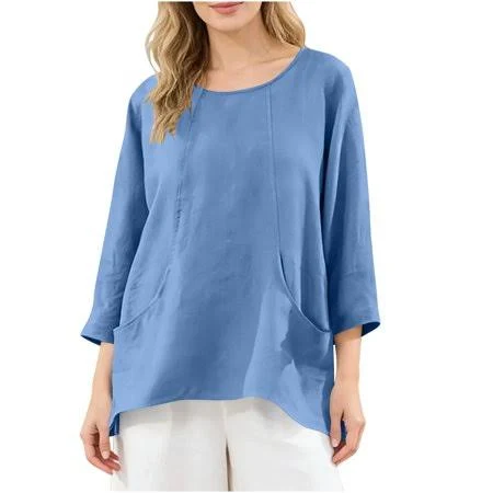top Mafytytpr 3/4 Sleeve Linen Shirts for Women Women's Casual Loose-Fitting 3/4 Sleeve Scoop Neck Tunic Top Lightweight Blouse A-Sky Blue XL Walmart - FengYinYuan $9.11