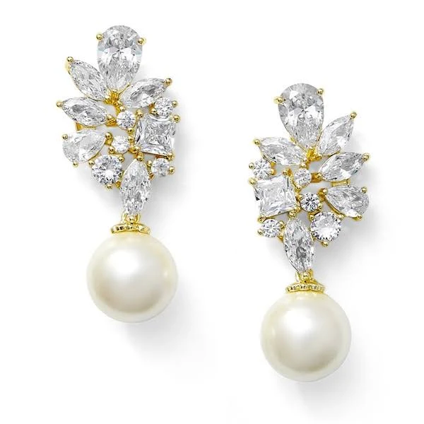 accessory Mariell Gold CZ Cluster Pearl Drop Earrings Bella Mera Bridal $54