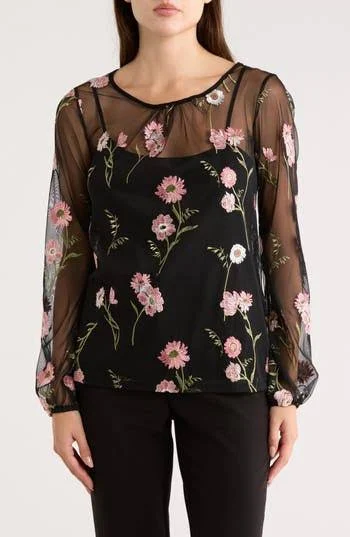 top Matty M Women's Embroidered Mesh Long Sleeved Top Nordstrom Rack $39.97