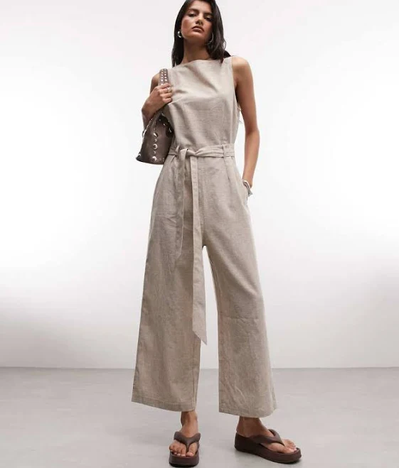 jumpsuit Monki Women's linen sleeveless wide leg jumpsuit with tie belt detail ASOS $122