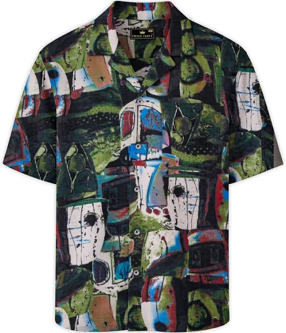 shirt Moss Green and Clay Brown Abstract Printed Lightweight Oversized Cotton Shirt French Crown Global $45.78