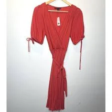 dress NWT Banana Republic Coral Wrap Midi Dress Tie Waist Puff Sleeve eBay $32