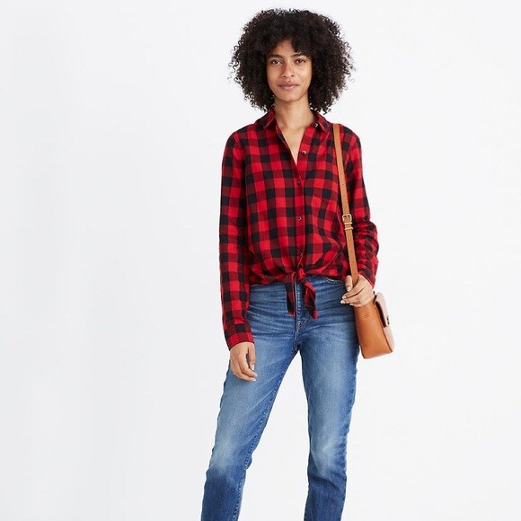 outerwear NWT Madewell Red Black Buffalo Plaid Flannel Tie Front Shirt Button Down Small eBay $35