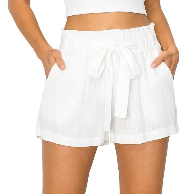bottom Oceanside Women's Paperbag Linen Shorts with Elastic Waist and Pockets Cali1850 $31.5
