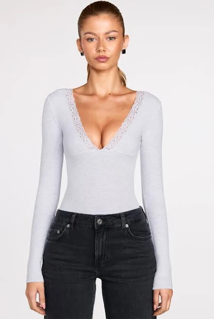 bodysuit Oh Polly Ribbed Modal Long-Sleeve Plunge Bodysuit Oh Polly US $52