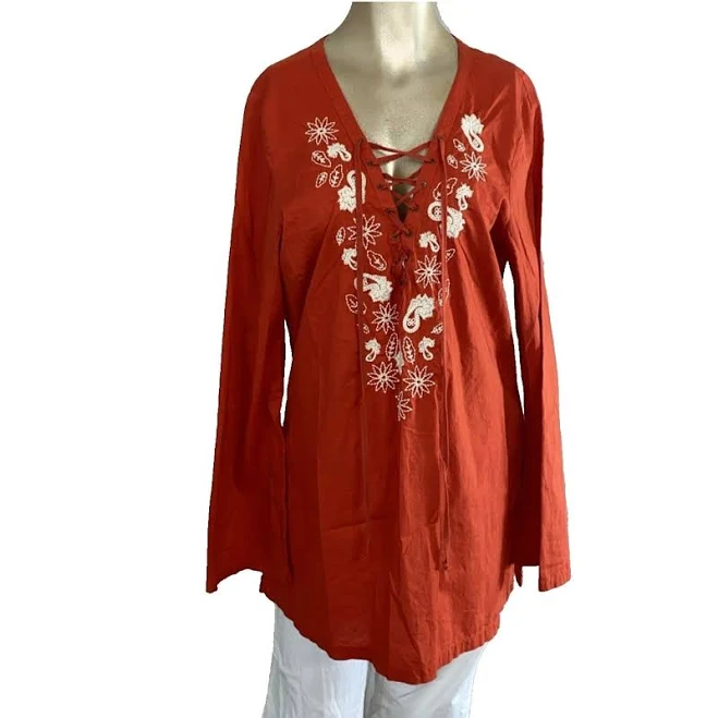 blouse Old Navy Terracotta Floral Embroidered Peasant Top Lace Up V-neck eBay - sheryl1919 $18.99