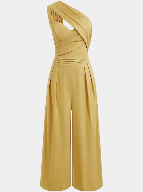 jumpsuit One Shoulder Asymmetrical Ruched Linen Jumpsuit Micas $50