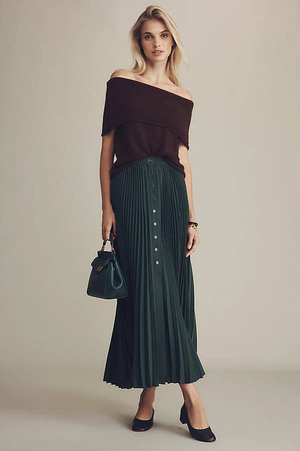 skirt Pleated Button-Front Midi Skirt by Maeve in Green, Size: Large at Anthropologie Anthropologie $119.95