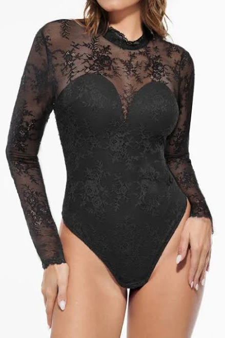bodysuit Popilush Shapewear Mock Neck Long Sleeve Floral Lace Bodysuit in Midnight Black at Nordstrom, Size X-Large Nordstrom $69