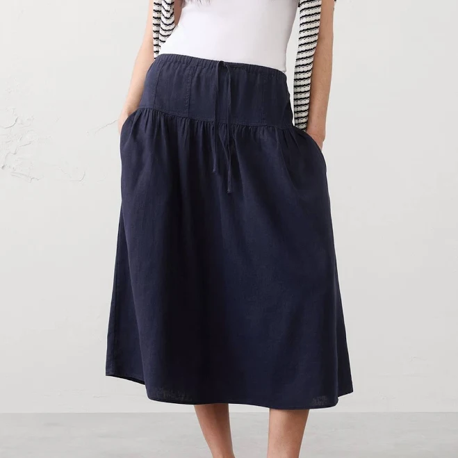 linen outfit Preppy Linen-Blend Drop-Waist Midi Skirt Banana Republic Factory $55