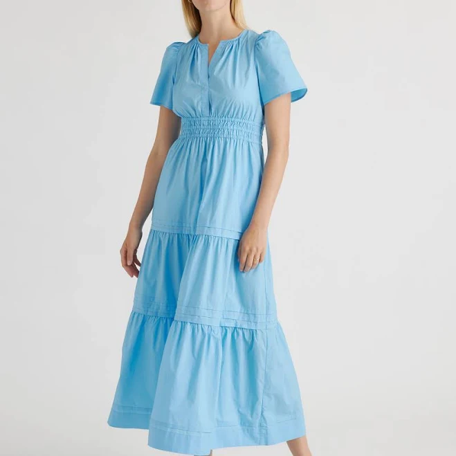 linen outfit Quince Women's Poplin Tiered Maxi Dress Quince $69.9