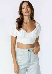 top Ramona White Eyelet Backless Puff Sleeve Crop Top - M Boho Pink $19