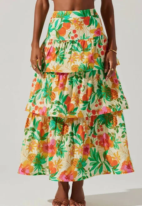 skirt Rooni Tiered Maxi Skirt In Orange Green Print ShopSimon $61.1