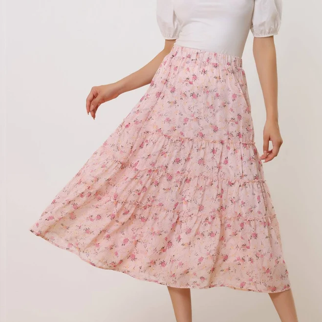 skirt Ruffle Boho Chiffon Floral Printed Long Tiered Midi Skirt Allegra K $41.99
