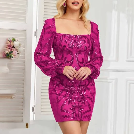 dress Sabrina Glamorous Square Neckline Long Sleeve Sequin Mini Homecoming Dress Pomuyoo $80