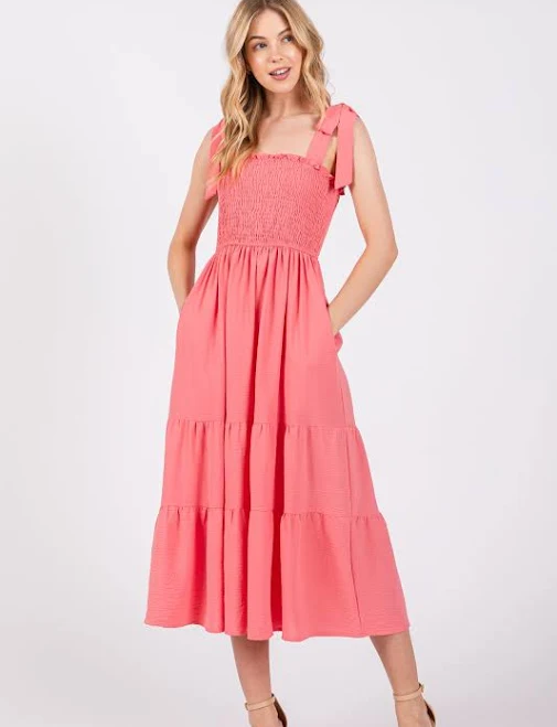dress Salmon Smocked Tie Strap Tiered Midi Dress PinkBlush Maternity $28