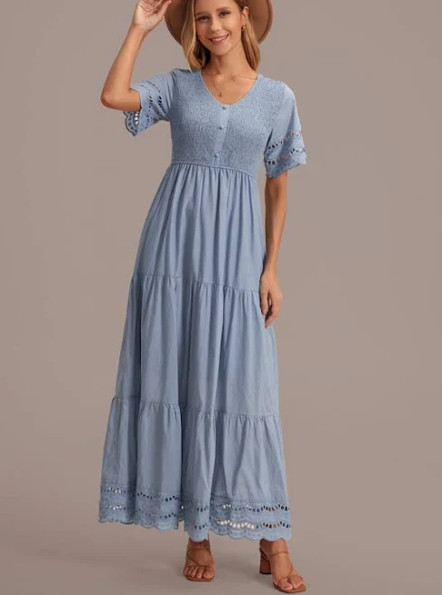 dress Scoop Neck Short Sleeve Smocked Tiered Maxi Dress Petal Lush $58