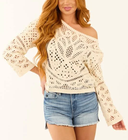 top Sheer Crochet Lace Long Sleeve Top Lime Lush $44.95