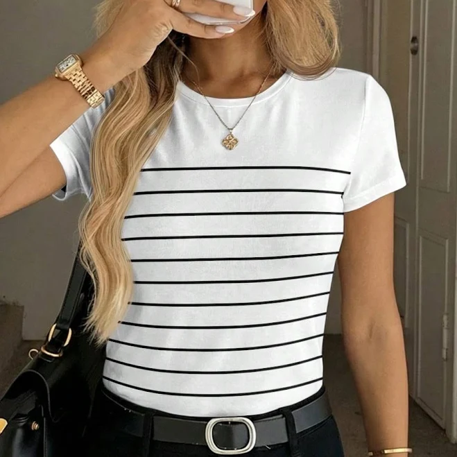t-shirt SHEIN Women's Casual Crew Neck Fitted Striped T-Shirt Shein $4.23