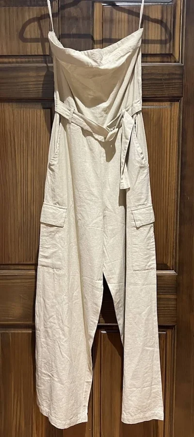 jumpsuit Sim & Sam Linen Blend Strapless Jumpsuit – Natural Beige Belted eBay $64.95