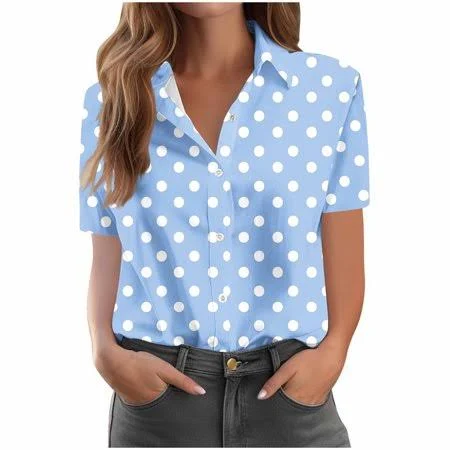blouse Staron Women's Casual Loose Fit Polka Dot Short Sleeve Button Down Shirt Walmart - UsYezik $11.99