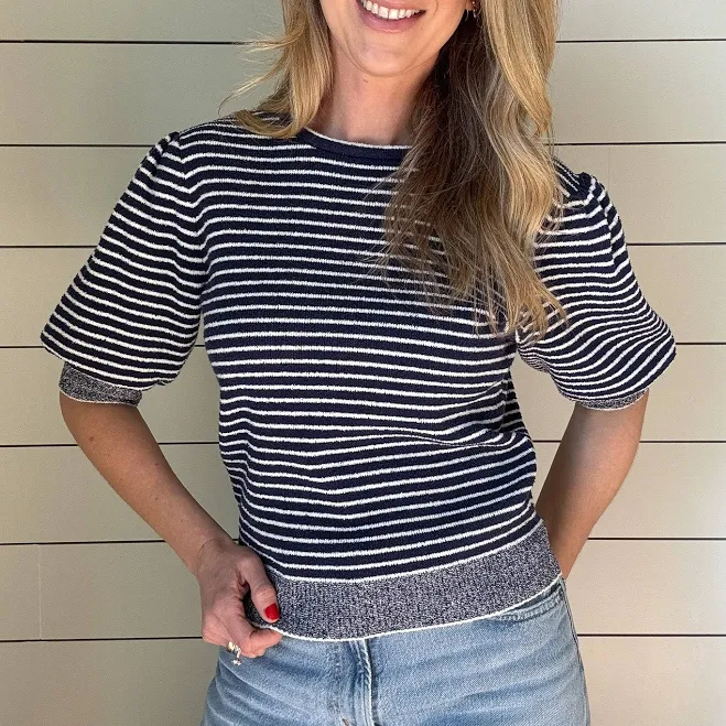 top Striped Short Sleeve Knit Top Cotton & Cashmere $20