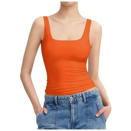 top Ticikt Women's Ribbed Knit Fitted Crop Tank Top Sleeveless Casual Neckline Summer Layering Piece,Color:Orange, Size: Medium Walmart - Ticikt Official Apparel $10.13