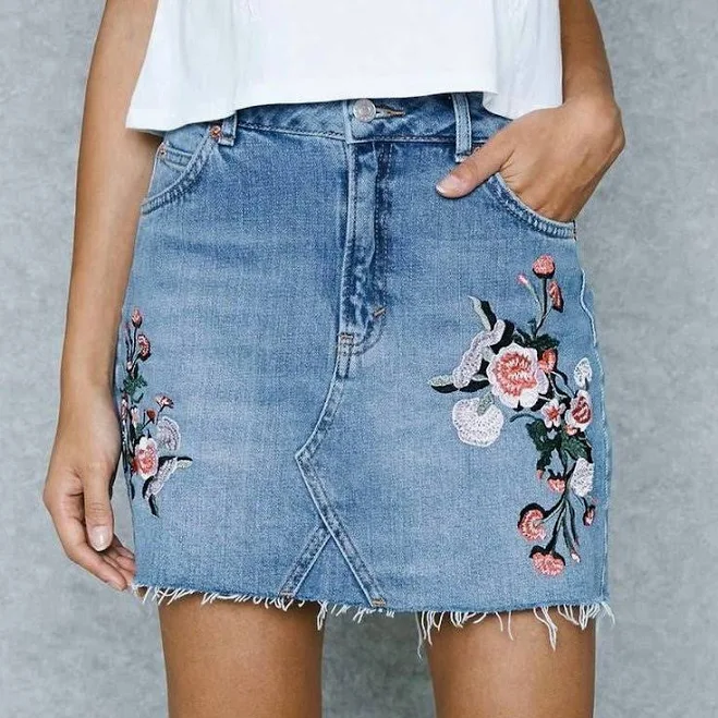 skirt TopShop Floral Embroidered Denim Skirt 2 - Women | Color: Blue | Size: XS Mercari $28