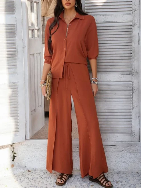 linen outfit Trendsi Devine Button Down Long Sleeve Top and Wide Leg Pants Set Charming Charlie $53