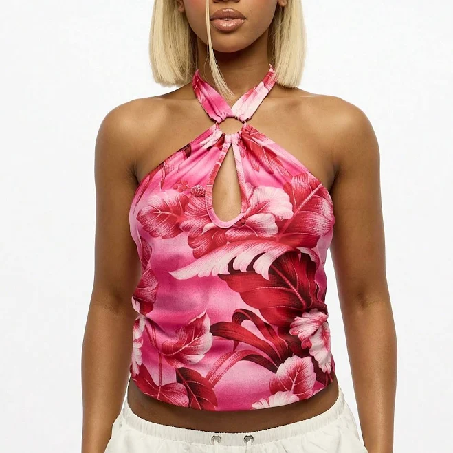 top Tropical Floral Halter Cross-Front Crop Top missguided $7.43