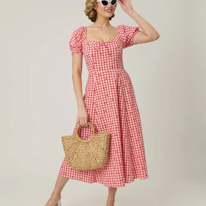 dress Unique Vintage Gingham & Cherries Puff Sleeve Midi Dress Unique Vintage $98