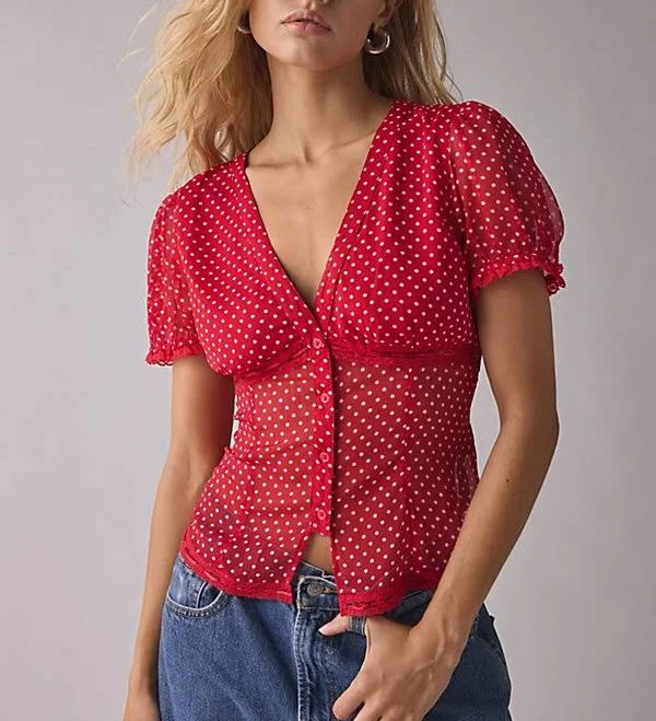 blouse Uo Mitchelle Semi-Sheer Polka Dot Chiffon Puff Sleeve Blouse Urban Outfitters $49