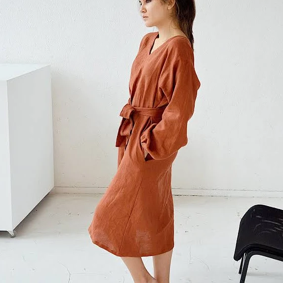 dress V-Neck Linen Midi Dress with Pockets Etsy - marupeLINENhouse $62.31