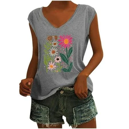 t-shirt Vintage Flowers V-Neck Short Sleeve Tee Walmart - CINVREST Women Kids Clothes $6.28