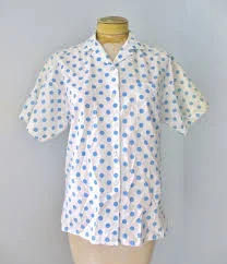 blouse Vtg 80s white blue polka dot poly cotton button blouse secretary top pocket M eBay $12