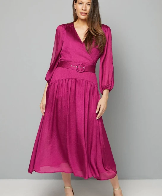 dress Wallis Women's Woven Shimmer Belted Wrap Midi Dress boohoo USA $46