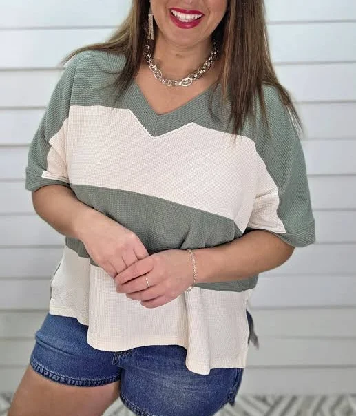 t-shirt Wide Stripe Cloud Fabric V-Neck Loose Fit Top Brooch Boutique $41.9