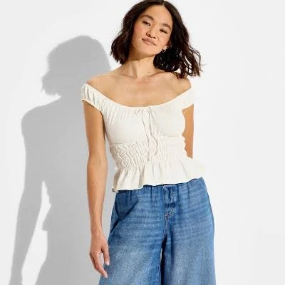 top Wild Fable Women's Mini Cap Sleeve Off The Shoulder Smocked Peasant Top Target $15