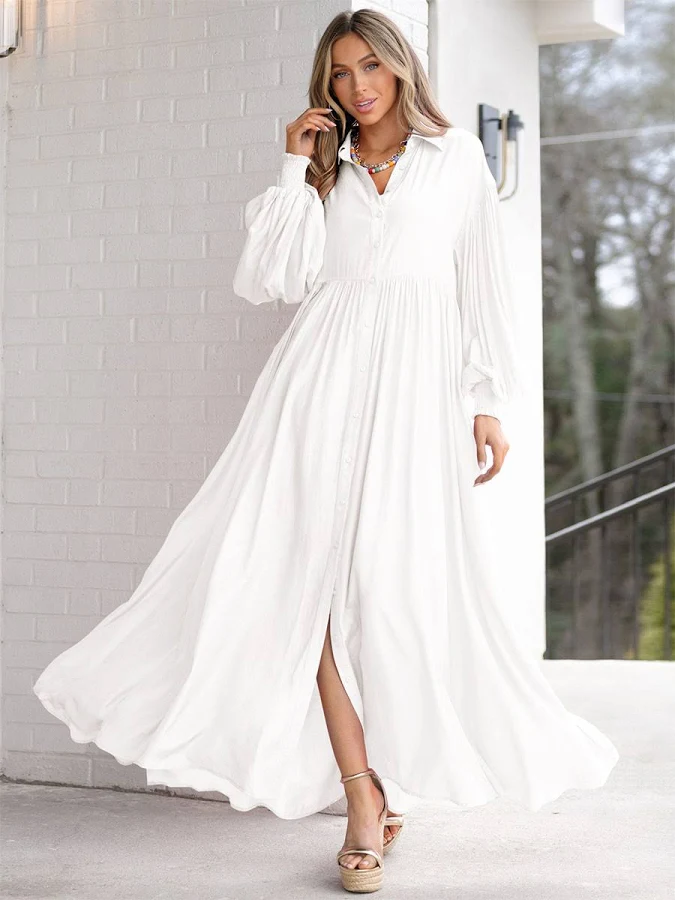 dress Women's Boho Flowy Puff Sleeve Maxi Shirt Dress milanoo $32.99