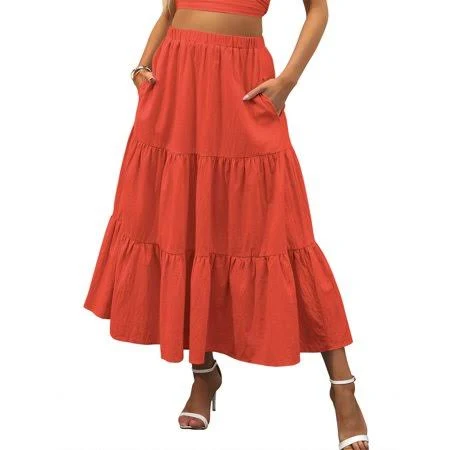 skirt Women's Boho Flowy Swing Maxi Skirt with Pockets Walmart - ANRABESS FASHION $26.99