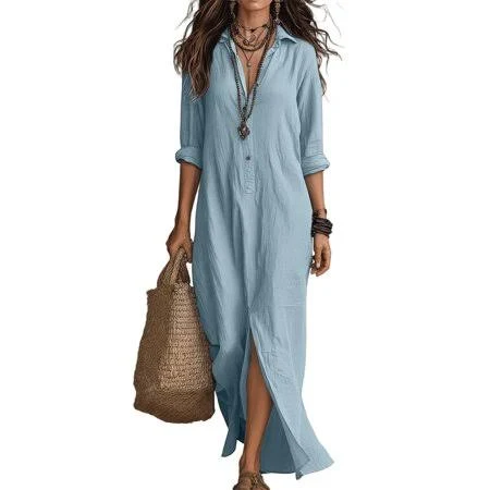 dress Women's Casual Linen Long Shirt Maxi Dress with Lapel Button Walmart - BOMYJESK $23.99