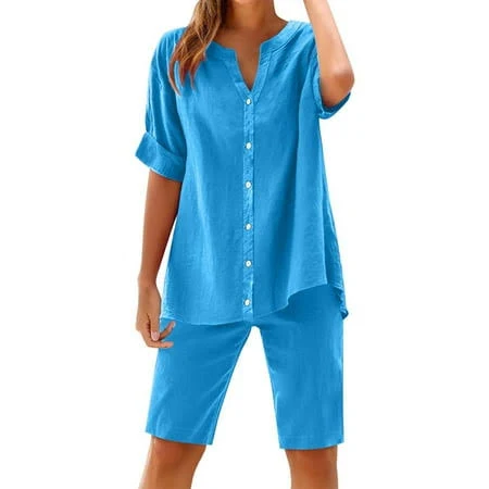 matching set Women's Casual Linen V-Neck Short Sleeve Button Down Shirt Shorts Walmart - gjutow $16.99