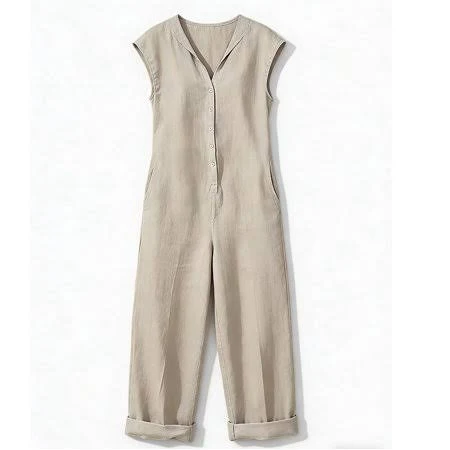 jumpsuit Women's Casual Loose Fit Cotton Linen Short Sleeve Button Down Jumpsuit with Pockets Walmart - Iugvhana $20.79
