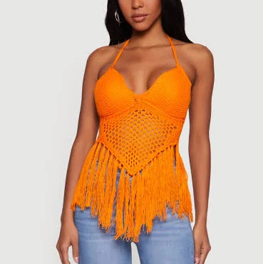 tube top Women's Crochet Tie Back Fringe Halter Top Rainbow Shops $11.99