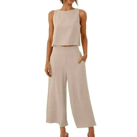 matching set Women's Elegant Cotton Linen Sleeveless Cropped Tank Top and High Waist Pants Set Walmart - UAMVSH Stores $14.98