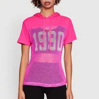 top Womens Fishnet 1990 Graphic Hooded Short Sleeve Top, Pink, Size S - Rainbow Shops Rainbow Shops $2.39