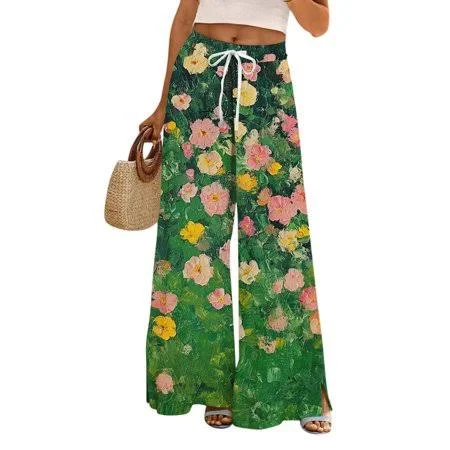 pants Women's Floral Print High Waist Wide Leg Palazzo Pants with Drawstring Walmart - bbyeadc $20.99