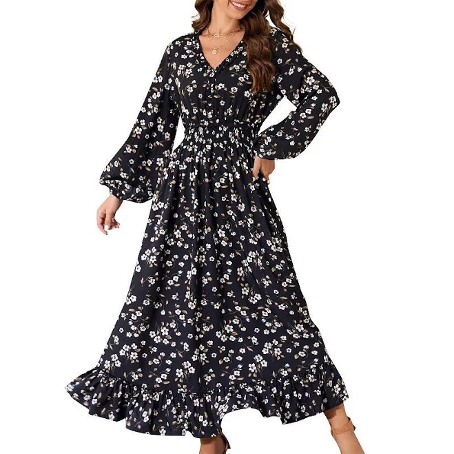 dress Women's Floral Print V-Neck Maxi Dress with Long Sleeves, Size: XL, Black And White Kohl's $39.99